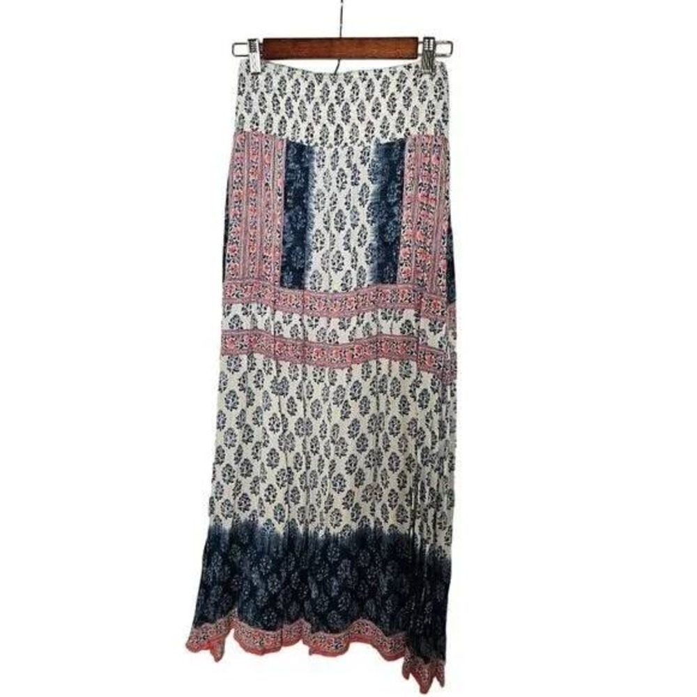 Tolani Anthropologie Women's Maxi Skirt XS Boho Smocked Elastic Bodice Blue Pink
